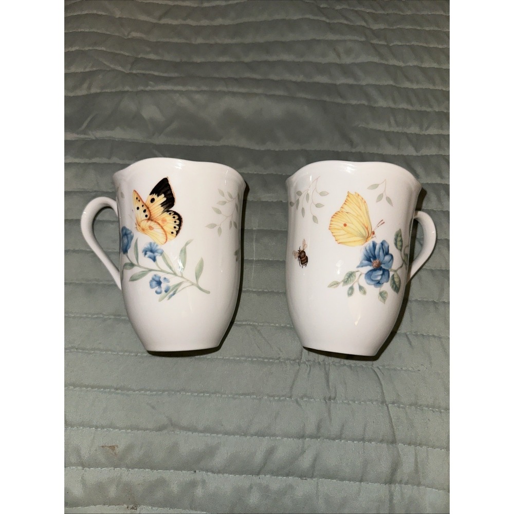 LENOX Butterfly Meadow Scalloped Rim Fritillary Butterfly Mugs Set Of 2